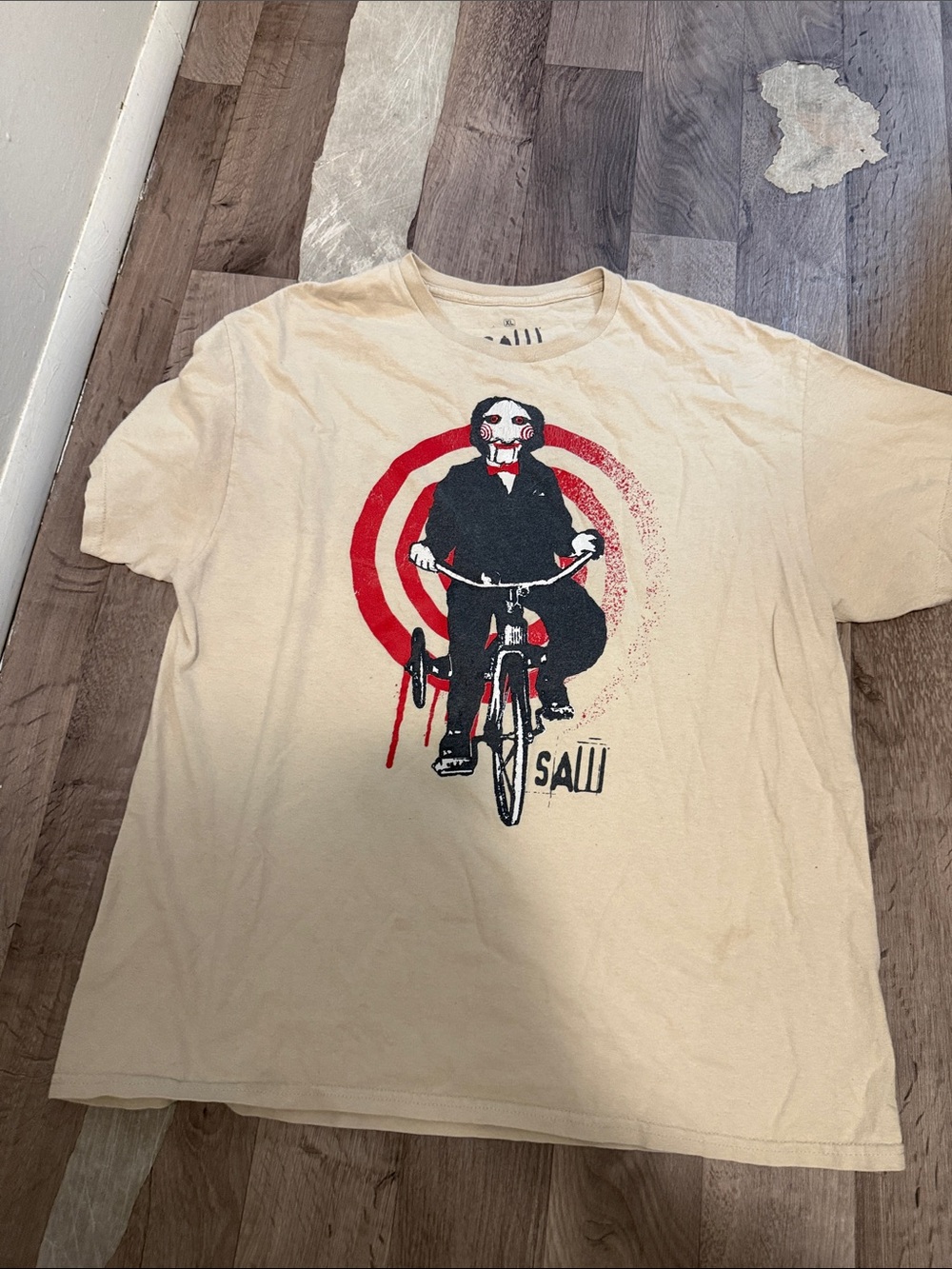 Saw Graphic Crewneck T‑Shirt in Cream with Red & Black Print